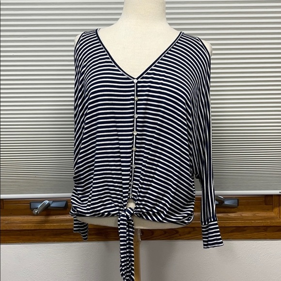 Democracy blue striped cold shoulder front tie top Size small - Picture 1 of 5